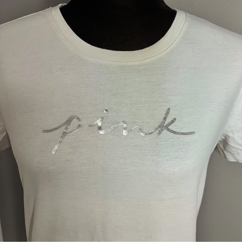 PINK Victoria’s Secret cream and silver short sleeve logo tshirt size small - Picture 2 of 5